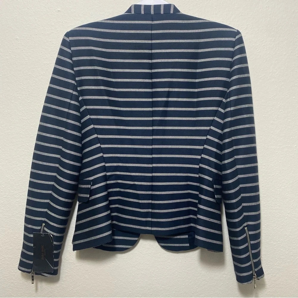 Zara Blue Striped Peplum Pocket Career Blazer Jacket, Large NEW - Picture 8 of 14
